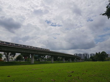 Built structure on field against sky