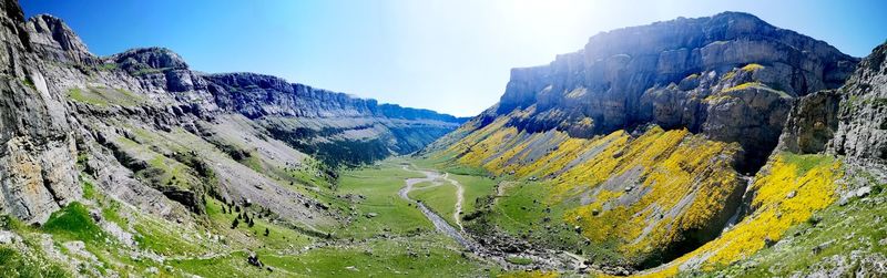 Panoramic view of land and mountains against sky