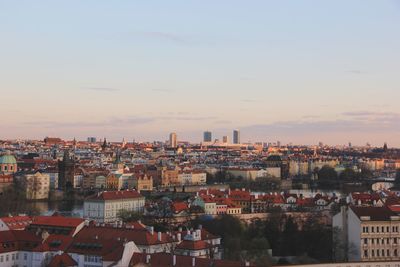 High angle view of townscape against sky during sunset