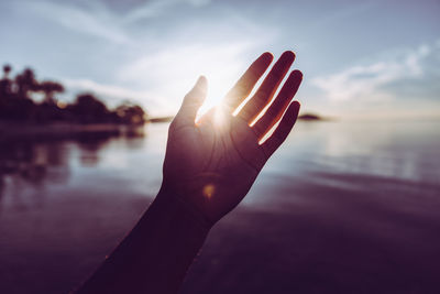 Cropped image of hand against sky during sunset