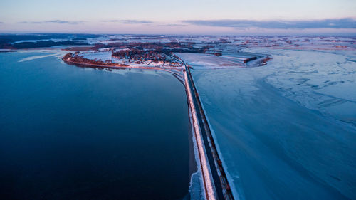 Aerial photo of dam from amstrup to island alrø, denmark