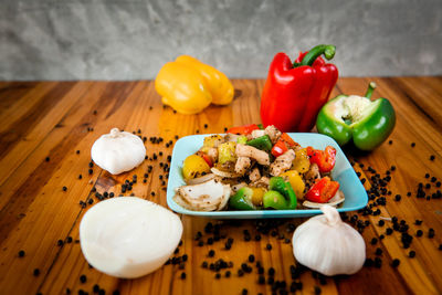 High angle view of fruits and vegetables on table