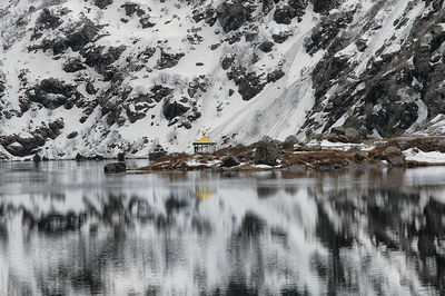 Scenic view of lake by snowcapped mountains during winter