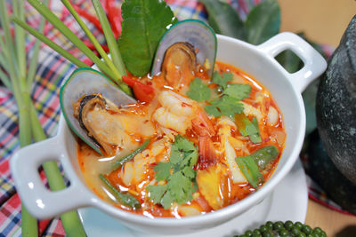 High angle view of noodles in bowl on table