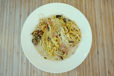 Directly above shot of noodles in bowl on table