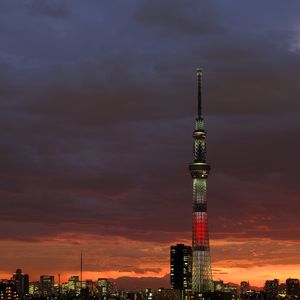 Communications tower at sunset