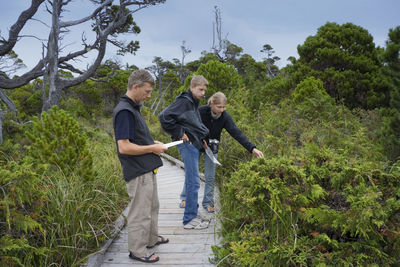 Family looking at plants while standing on boardwalk at pacific rim national park