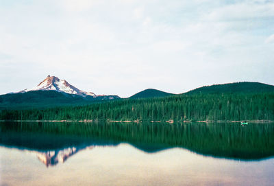 Scenic view of lake by mountains against sky