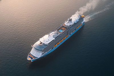 High angle view of ship sailing on sea