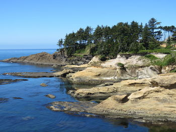 Scenic view of sea against clear blue sky