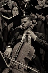 High angle view of men playing music concert