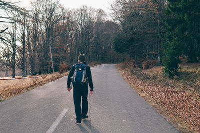 Rear view of man walking on road