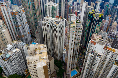 High angle view of modern buildings in city