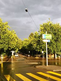 Road sign against trees