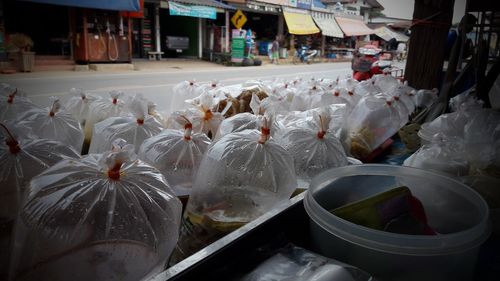 Plastic bags on table at store