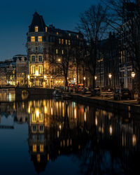 Reflection of illuminated buildings in lake at night