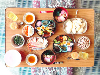 High angle view of breakfast on table