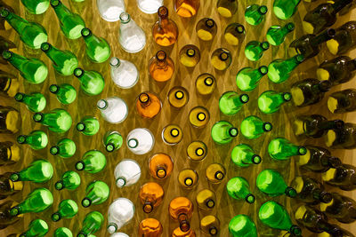 Directly below shot of multi colored bottles