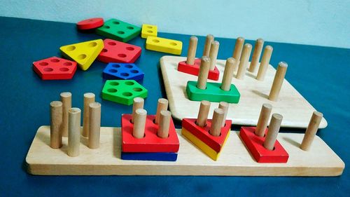 High angle view of toys on table