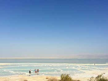 People enjoying at beach against clear sky