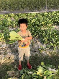 Full length of boy holding food on field