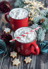 Cozy winter and christmas setting with hot cocoa and homemade cookies