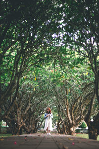 Woman walking on footpath amidst trees at park