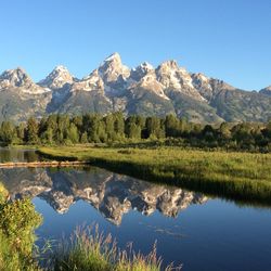 Scenic view of lake and mountains against clear sky