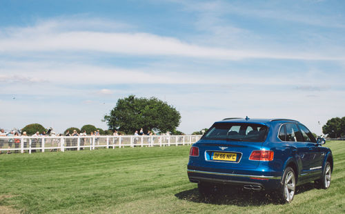 Vintage car on field against sky