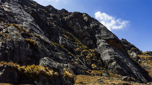 Low angle view of rock formation against sky