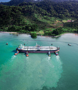 High angle view of boats in sea