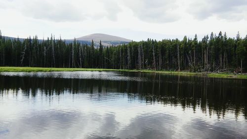 Scenic view of lake against cloudy sky