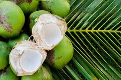 Young sweet thai coconut fruits with white meat put on its green leaves for summer fruit concept.
