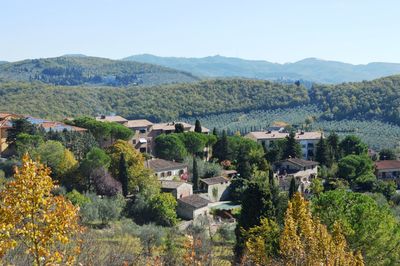 Houses in town against clear sky