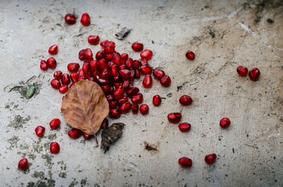 High angle view of red berries on table