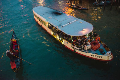 High angle view of boats moored in lake