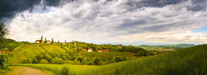 Austria vineyards landscape. view at panorama of small village kitzeck. leibnitz