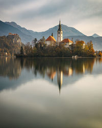 Scenic view of lake by building against sky