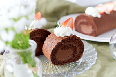 Close-up of chocolate cake in plate