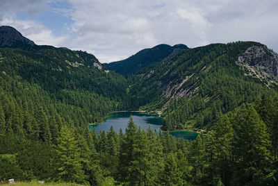 Scenic view of lake and mountains against sky