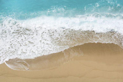 Aerial view of sandy beach and waves