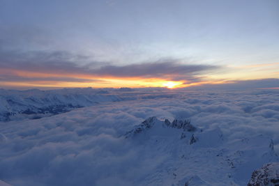 Scenic view of snow landscape against sky during sunset