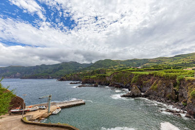 Scenic view of bay against sky