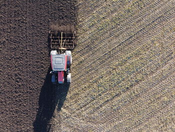 High angle view of farmer working on field
