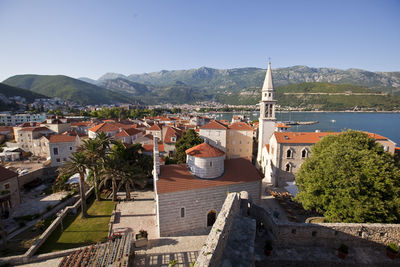 High angle view of townscape against sky