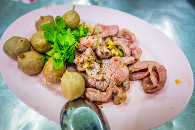 High angle view of food in plate on table