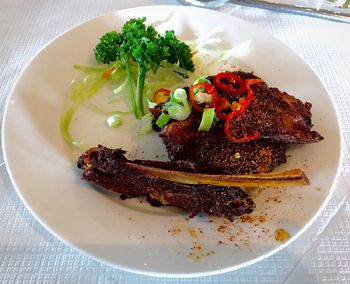 High angle view of food in plate on table