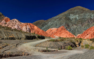 Scenic view of mountains against clear blue sky