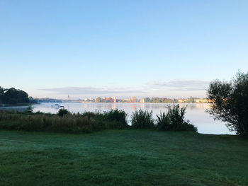 Scenic view of lake against clear sky