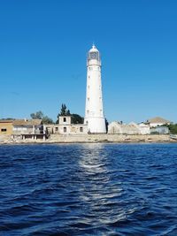 Lighthouse by sea against buildings against clear blue sky